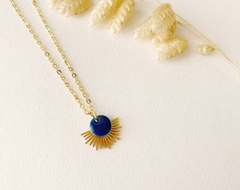 Petrol blue choker necklace with sun pendant, fan, LYSA model, 24K fine gold creole