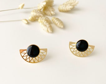 2 in 1 graphic black earring, modifiable fan stud, LILI model, 24k fine gold