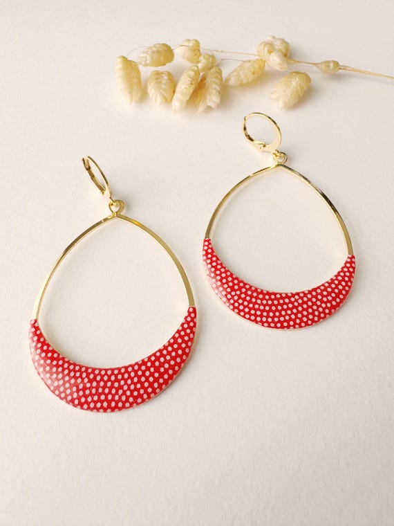 Red earrings with white polka dots, original hoop earrings, drop, boho, SALSA model, women's jewelry, 24k fine gold