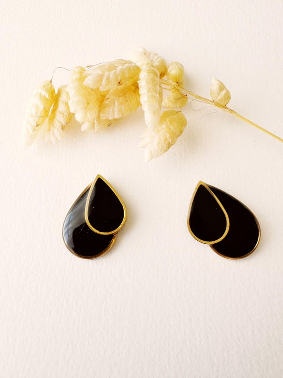 Black drop stud earrings, heart stud stud, ROSALIE model, stainless steel gilded with 24k fine gold