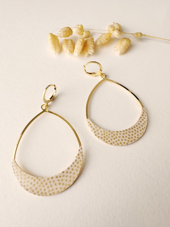 White earrings with gold polka dots, original hoop earrings, drop, boho, SALSA model, women's jewelry, 24k fine gold