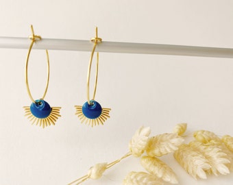 Petrol blue sun pendant earring, fan, LYSE model, 24K fine gold creole