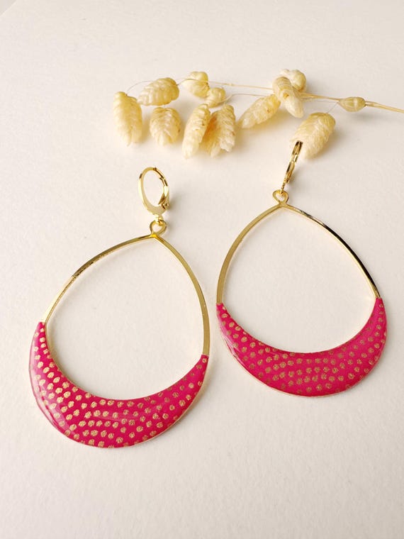 Pink and gold polka dot hoop earrings, original teardrop style, boho, SALSA model, women's jewelry, 24k fine gold