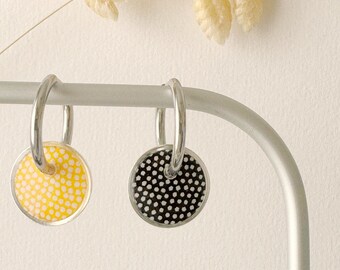 3 in 1 colorful graphic earrings, editable hoops, PIPA model, stainless steel, polka dots, white, yellow and black