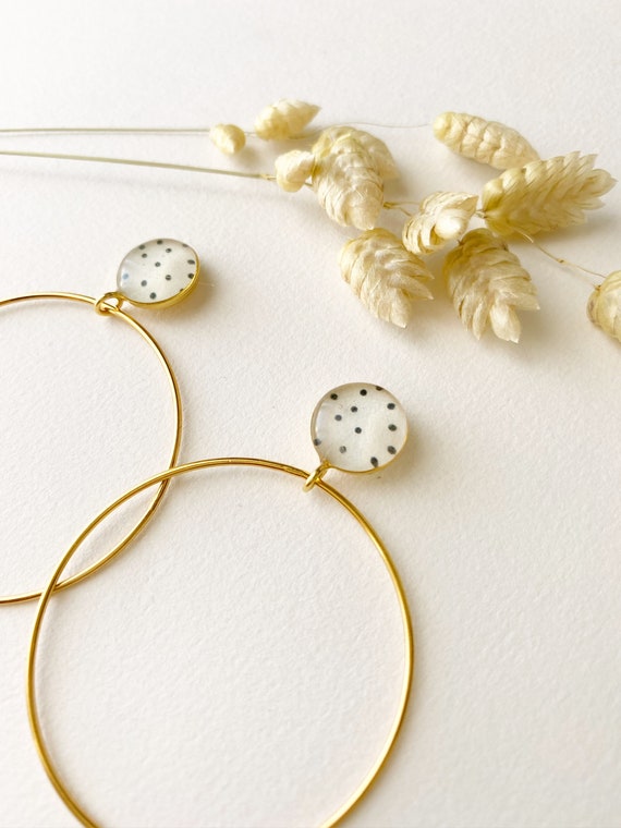 White earring with black polka dots, dangling and original, ROSE model, 24K fine gold