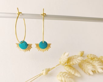 Turquoise blue sun pendant earring, fan, LYSE model, 24K fine gold creole