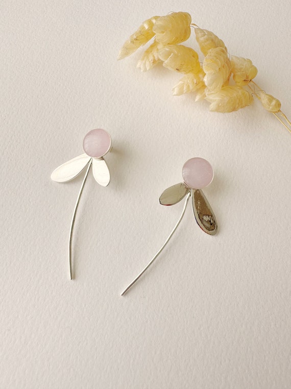 3 in 1 graphic pink earring, modifiable flower stud, ZOE model, 925 fine silver