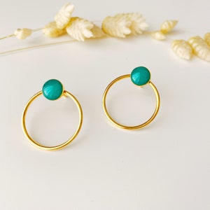 Minimalist graphic blue green earring, circle ring stud, EMY model, 24k fine gold image 1