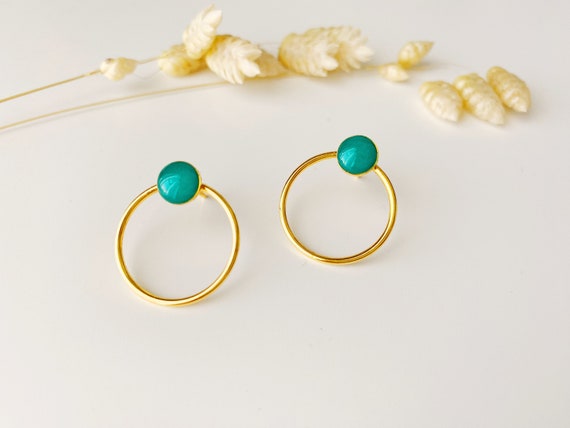 Minimalist graphic green blue earring, circle ring stud, EMY model, 24k fine gold