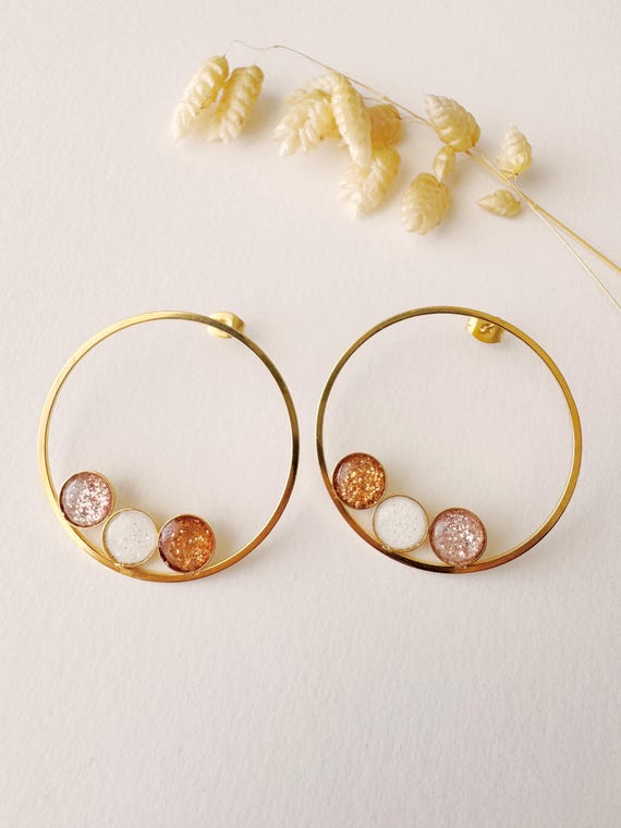 Graphic, original, art deco circle stud earring, NINA, rose copper silver glitter, gold stainless steel, New Year's Eve jewelry