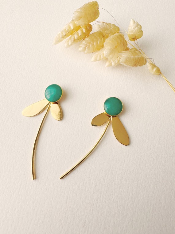 3 in 1 graphic blue green earring, modifiable flower stud, ZOE model, 24k fine gold