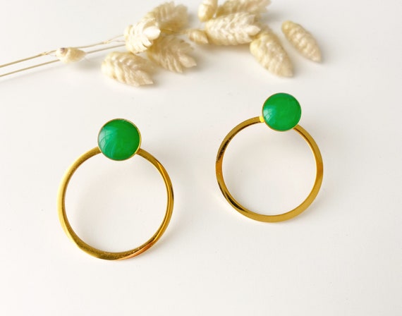 3 in 1 graphic green earring, editable circle stud, OLY model, 24k fine gold and stainless steel