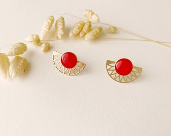 Boucle d'oreille rouge graphique 2 en 1, clou puce éventail modifiable, modèle LILI, or fin 24k