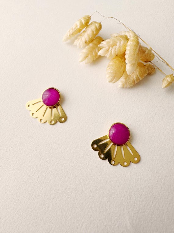 Graphic 2-in-1 purple stud earring, modular fan design, minimalist, LOU model, purple and gold, 24k fine gold