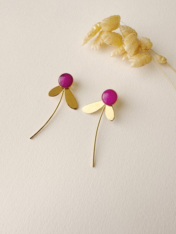 3 in 1 graphic purple earring, modifiable flower stud, ZOE model, 24k fine gold, purple