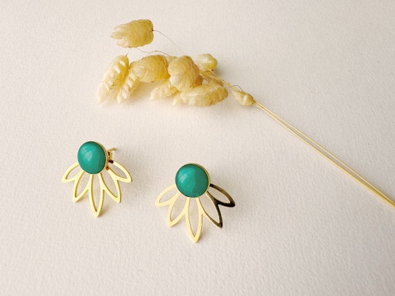 3 in 1 graphic royal blue green earrings, editable petal fan stud, LOTUS model, gilded with 24k fine gold