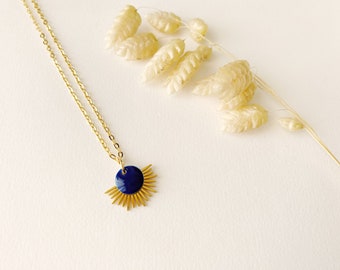 Collier ras de cou bleu nuit marine pendentif soleil, éventail, modèle LYSA, créole or fin 24K