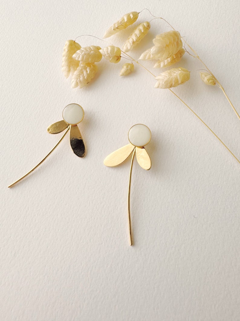 3 in 1 graphic white earring, modifiable flower stud, ZOE model, 24k fine gold image 10