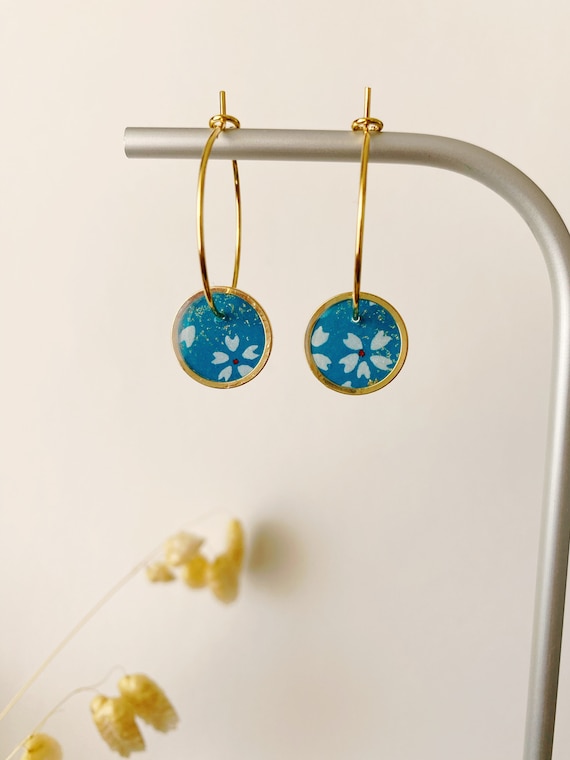 White and petrol blue floral earrings, SWEET model, resin and floral Japanese paper, 24K fine gold hoop