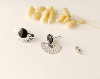 2 in 1 graphic black earring, modifiable fan stud, LILI model, fine white gold and silver