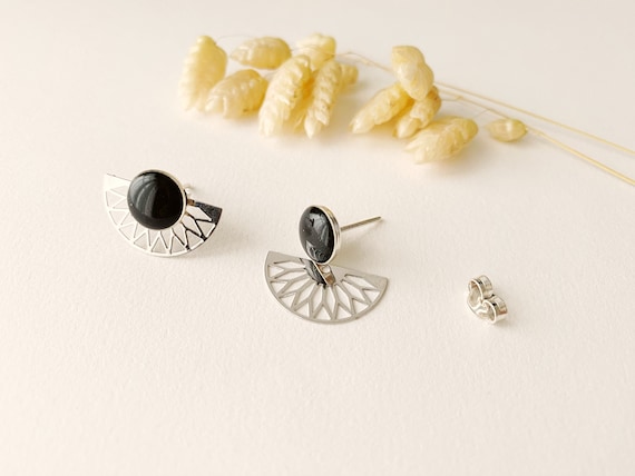 2 in 1 graphic black earring, modifiable fan stud, LILI model, fine white gold and silver