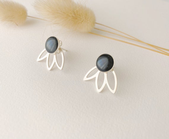 2-in-1 graphic black stud earring, adjustable fan shape, FLOWER design, 925 sterling silver, original graphic