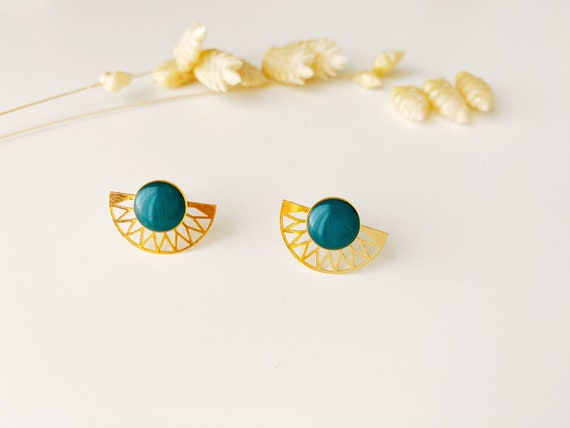 2 in 1 graphic duck blue green earring, modifiable fan stud, LILI model, 24k fine gold
