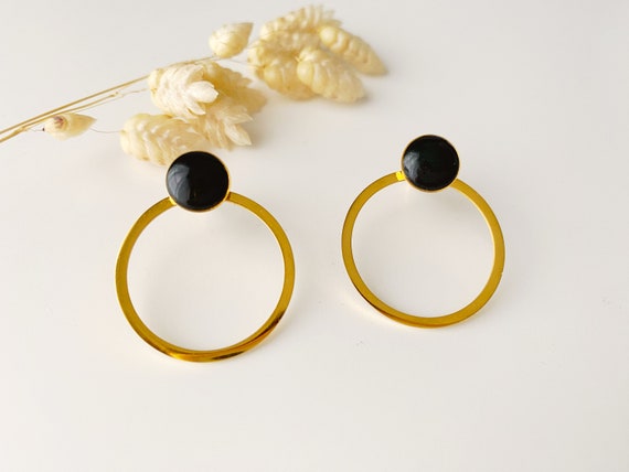 3 in 1 graphic black earring, modifiable circle ring stud, OLY model, 24k fine gold and stainless steel
