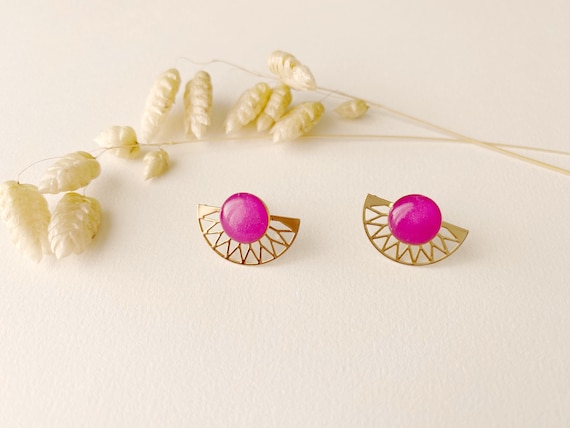 2 in 1 graphic fuchsia pink earring, modifiable fan stud, LILI model, 24k fine gold