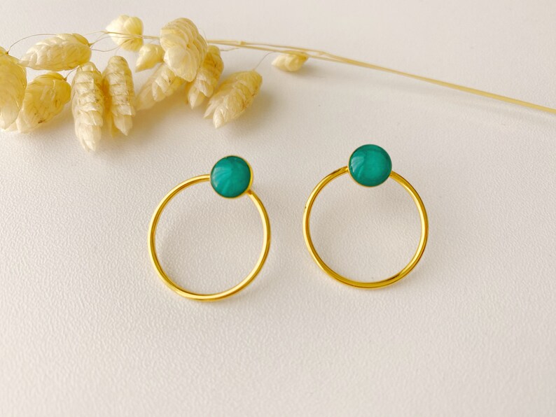 Minimalist graphic blue green earring, circle ring stud, EMY model, 24k fine gold image 10