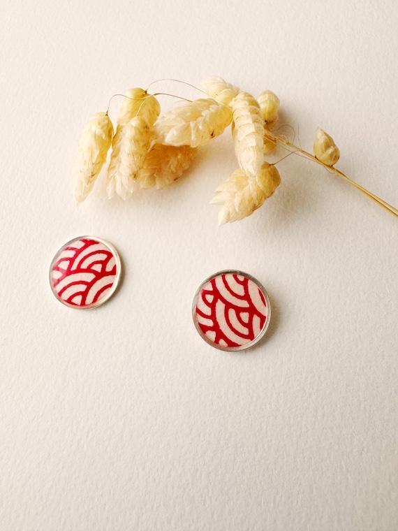 Round red stud earrings, heart stud, MIYAKO model, gilded with 24k fine gold