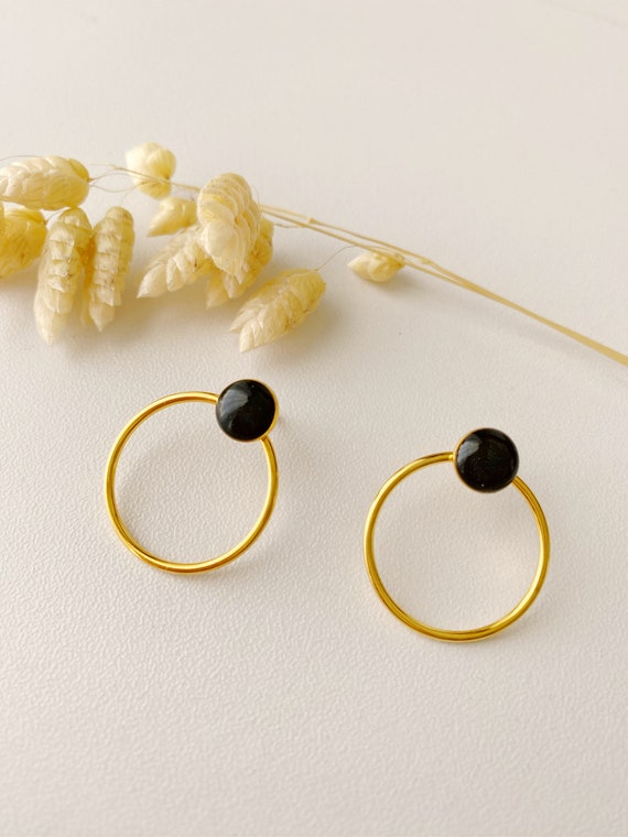 Minimalist graphic black earring, circle ring stud, EMY model, 24k fine gold