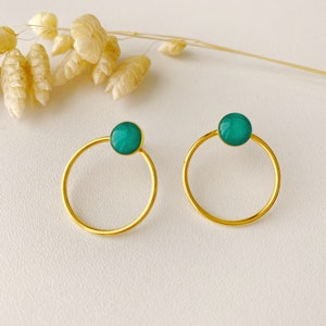 Minimalist graphic blue green earring, circle ring stud, EMY model, 24k fine gold image 2