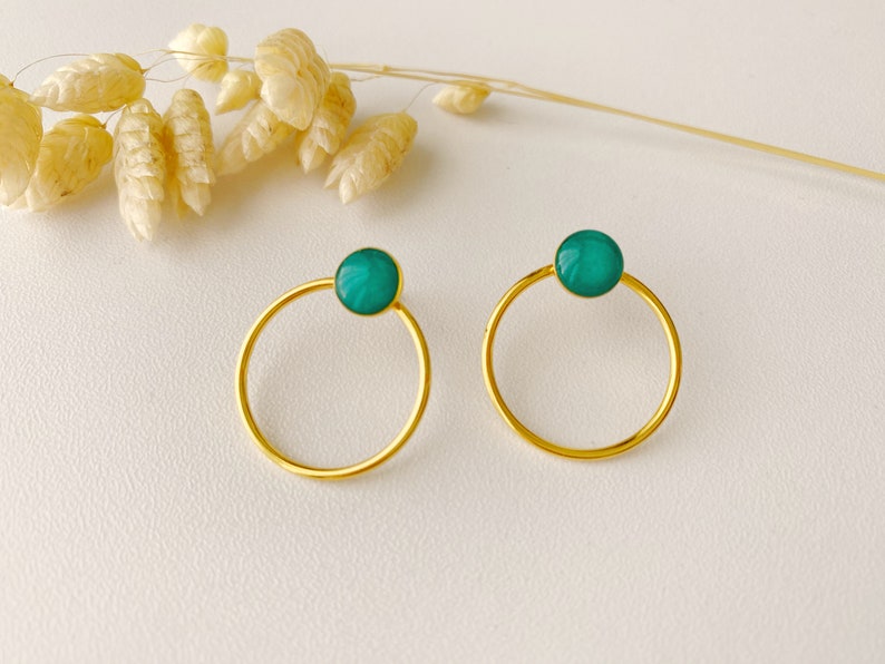 Minimalist graphic blue green earring, circle ring stud, EMY model, 24k fine gold image 2