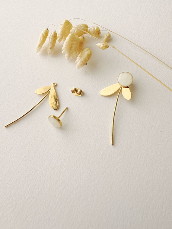 3-in-1 graphic white earring, modifiable, modular, interchangeable flower stud, ZOE model, 24k fine gold, original, unique