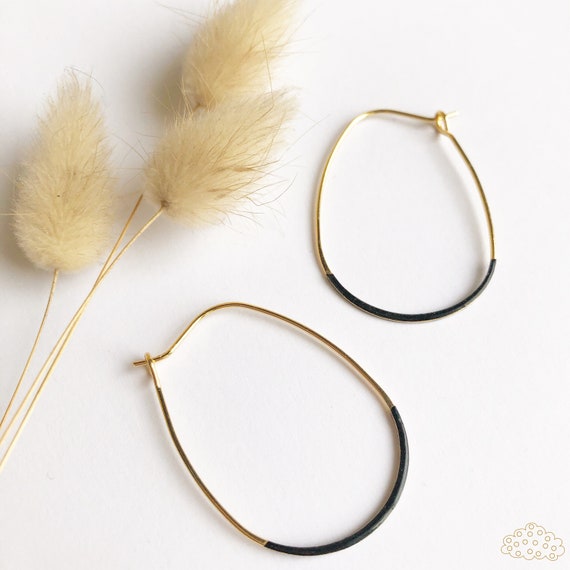 Minimalist creole earrings, 24k fine gold, ring, gold, Japanese paper, black, jewelry, women's jewelry, wedding