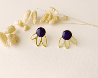 Boucles d'oreilles violettes aubergine graphiques 3 en 1, clou puce éventail pétale modifiable , modèle FLEUR, doré à l’or fin 24k