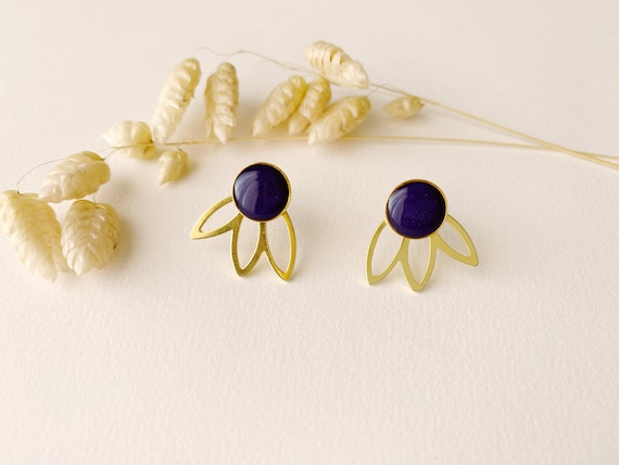 3 in 1 graphic eggplant purple earrings, editable petal fan stud, FLEUR model, gilded with 24k fine gold