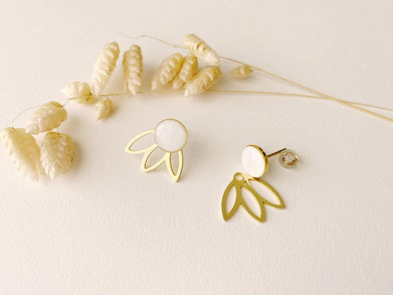 3 in 1 graphic white earrings, editable petal fan stud, FLEUR model, gilded with 24k fine gold image 2