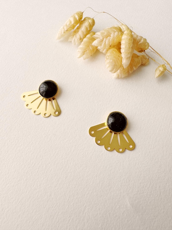 Graphic 2-in-1 black stud earring, modular fan-shaped stud, minimalist, LOU model, black and gold, 24k fine gold