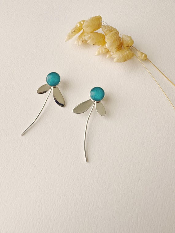 3-in-1 graphic blue-green earring, modifiable flower stud, ZOE model, 925 sterling silver