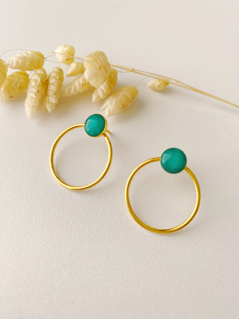 Minimalist graphic blue green earring, circle ring stud, EMY model, 24k fine gold image 6