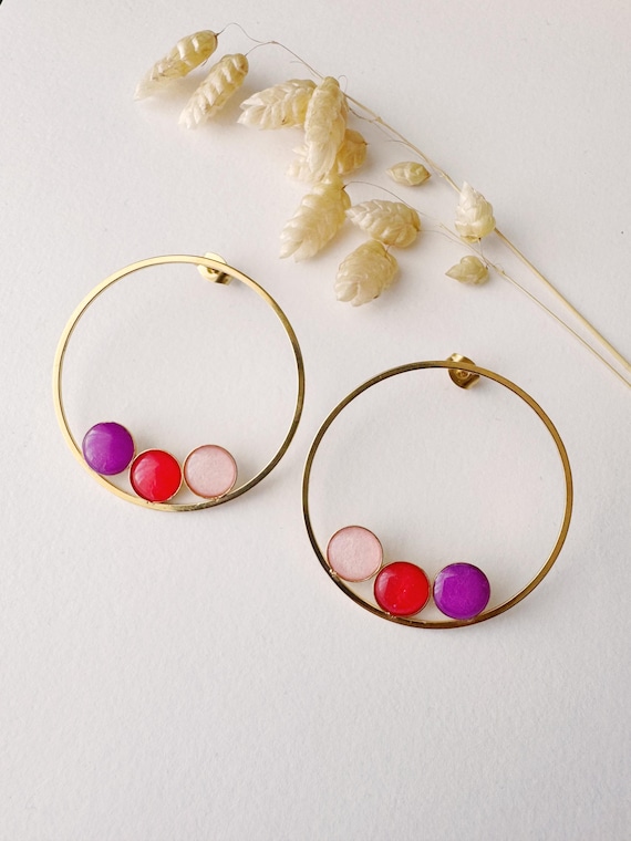 Graphic earring, original, art deco circle stud, NINA model, purple red pink gold, stainless steel