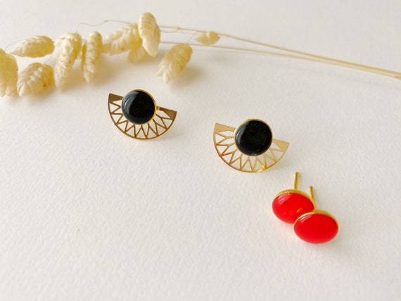 Black and red graphic 4 in 1 earring, modifiable fan stud, LILI and JO models, 24k fine gold