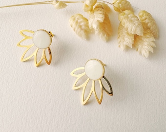 3 in 1 graphic white earrings, editable petal fan stud, LOTUS model, gilded with 24k fine gold