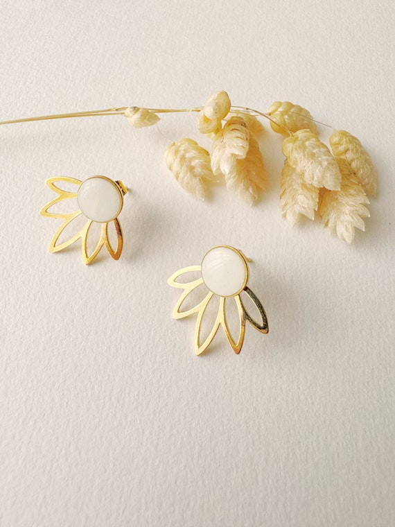 3 in 1 graphic white earrings, modifiable petal fan stud, LOTUS model, gilded with 24k fine gold