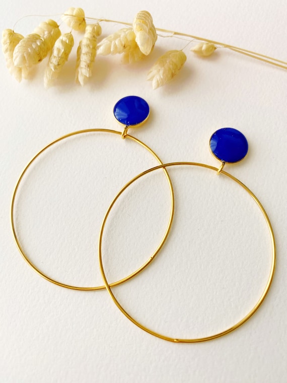 Royal blue lapis lazuli and gold dangling and original earring, ROSE model, 24K fine gold