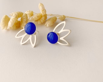 2 in 1 graphic royal blue lapis lazuli earring, modifiable fan stud, FLOWER model, 925 silver