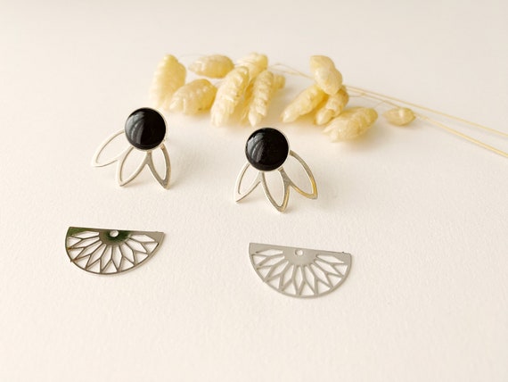 4-in-1 graphic black earring, modifiable petal fan stud, LILI-FLEUR model, silver and fine gold