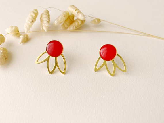 3 in 1 graphic red earrings, editable petal fan stud, FLEUR model, gilded with 24k fine gold